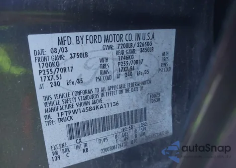 2004 Ford F-150 Fx4/Lariat/Xlt from USA, damaged, VIN 1FTPW14584KA11136